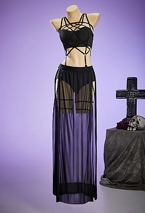 Gothic Style Three Piece Bandage Suit Black Sexy Top and Mesh Split Skirt with Underwear
