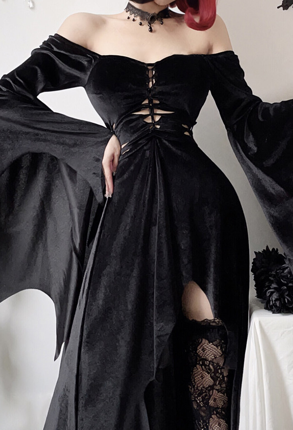 Meowcos Bewitched Bat Gothic Witch Style Black Dress Halloween Bat Wing Sleeve Off-Shoulder Long Gown Meowcos Bewitched Bat Gothic Witch Style Black Dress Halloween Bat Wing Sleeve Off-Shoulder Long Gown