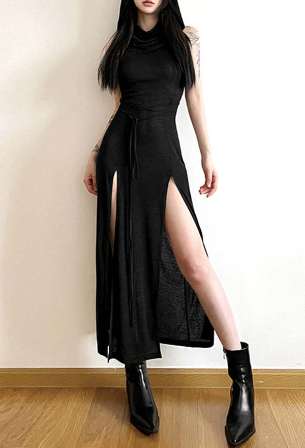 Gothic Hooded Dress Cutout Backless Sleeveless High Slit Long Dress Gothic Hooded Dress Cutout Backless Sleeveless High Slit Long Dress