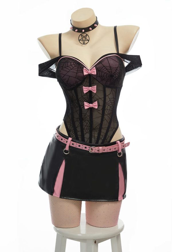 Midnight Rose Gothic Black Pink Sexy Lingerie Set Dark Style Bowknot V-Neck See-Through Spiderweb Bodysuit with Skirt Belt Midnight Rose Gothic Black Pink Sexy Lingerie Set Dark Style Bowknot V-Neck See-Through Spiderweb Bodysuit with Skirt Belt