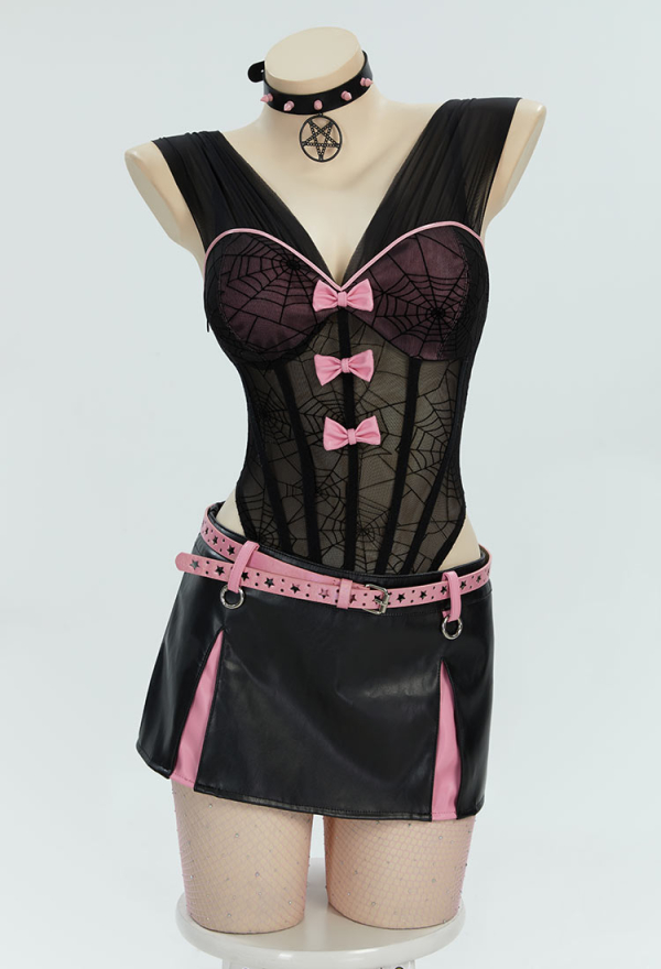Midnight Rose Gothic Black Pink Sexy Lingerie Set Dark Style Bowknot V-Neck See-Through Spiderweb Bodysuit with Skirt Belt Midnight Rose Gothic Black Pink Sexy Lingerie Set Dark Style Bowknot V-Neck See-Through Spiderweb Bodysuit with Skirt Belt