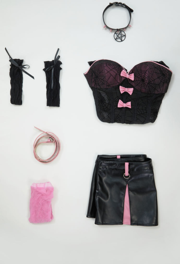 Midnight Rose Gothic Black Pink Sexy Lingerie Set Dark Style Bowknot V-Neck See-Through Spiderweb Bodysuit with Skirt Belt Midnight Rose Gothic Black Pink Sexy Lingerie Set Dark Style Bowknot V-Neck See-Through Spiderweb Bodysuit with Skirt Belt