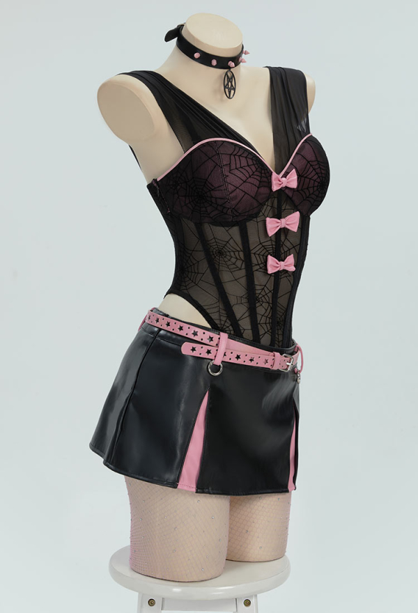 Midnight Rose Gothic Black Pink Sexy Lingerie Set Dark Style Bowknot V-Neck See-Through Spiderweb Bodysuit with Skirt Belt Midnight Rose Gothic Black Pink Sexy Lingerie Set Dark Style Bowknot V-Neck See-Through Spiderweb Bodysuit with Skirt Belt