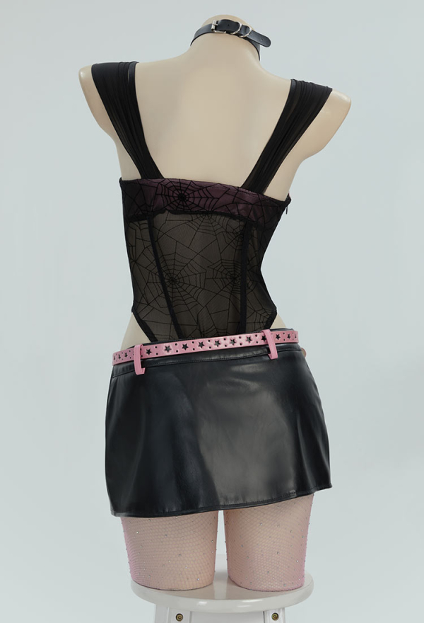 Midnight Rose Gothic Black Pink Sexy Lingerie Set Dark Style Bowknot V-Neck See-Through Spiderweb Bodysuit with Skirt Belt Midnight Rose Gothic Black Pink Sexy Lingerie Set Dark Style Bowknot V-Neck See-Through Spiderweb Bodysuit with Skirt Belt
