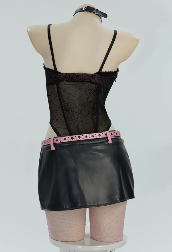 Midnight Rose Gothic Black Pink Sexy Lingerie Set Dark Style Bowknot V-Neck See-Through Spiderweb Bodysuit with Skirt Belt Midnight Rose Gothic Black Pink Sexy Lingerie Set Dark Style Bowknot V-Neck See-Through Spiderweb Bodysuit with Skirt Belt