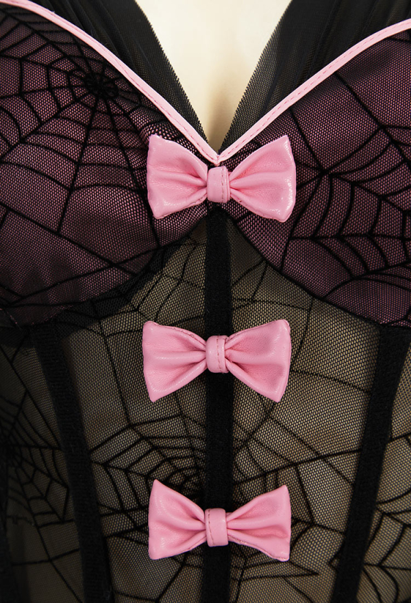Midnight Rose Gothic Black Pink Sexy Lingerie Set Dark Style Bowknot V-Neck See-Through Spiderweb Bodysuit with Skirt Belt Midnight Rose Gothic Black Pink Sexy Lingerie Set Dark Style Bowknot V-Neck See-Through Spiderweb Bodysuit with Skirt Belt