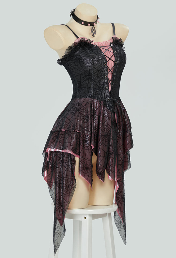 Midnight Rose Gothic Black Pink Spider Web Dress See Through Ruffle Dress with Choker Midnight Rose Gothic Black Pink Spider Web Dress See Through Ruffle Dress with Choker