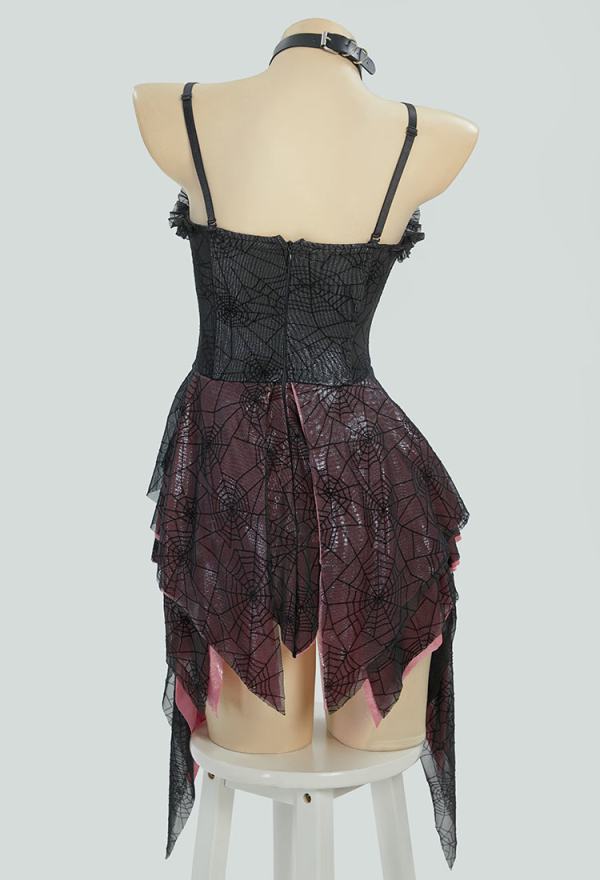 Midnight Rose Gothic Black Pink Spider Web Dress See Through Ruffle Dress with Choker Midnight Rose Gothic Black Pink Spider Web Dress See Through Ruffle Dress with Choker