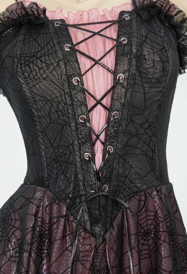 Midnight Rose Gothic Black Pink Spider Web Dress See Through Ruffle Dress with Choker Midnight Rose Gothic Black Pink Spider Web Dress See Through Ruffle Dress with Choker