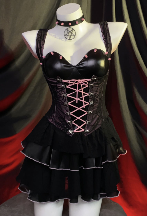 Midnight Rose Gothic Black Pink Dress Spider Web Corset Ruffle Dress with Choker Midnight Rose Gothic Black Pink Dress Spider Web Corset Ruffle Dress with Choker