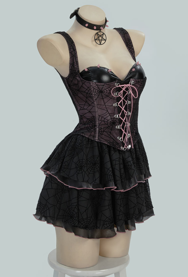 Midnight Rose Gothic Black Pink Dress Spider Web Corset Ruffle Dress with Choker Midnight Rose Gothic Black Pink Dress Spider Web Corset Ruffle Dress with Choker