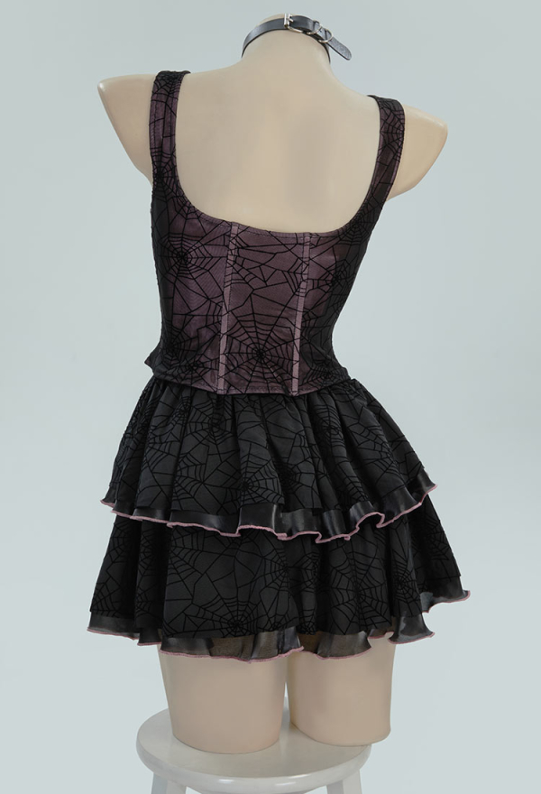 Midnight Rose Gothic Black Pink Dress Spider Web Corset Ruffle Dress with Choker Midnight Rose Gothic Black Pink Dress Spider Web Corset Ruffle Dress with Choker