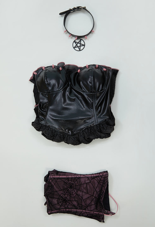 Midnight Rose Gothic Black Pink Dress Spider Web Corset Ruffle Dress with Choker Midnight Rose Gothic Black Pink Dress Spider Web Corset Ruffle Dress with Choker