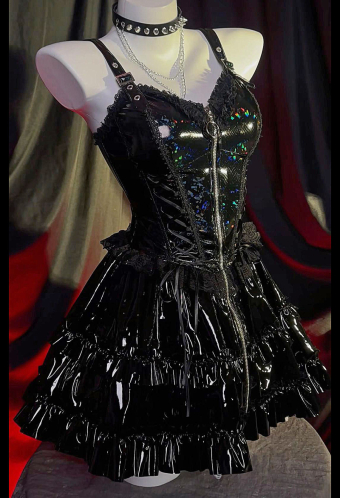 Miss Misa Gothic Black Camisole Dress Colorful Glitter Zipper Dress A-Line Dress with Choker and Sleeves