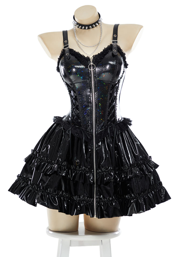 Miss Misa Gothic Black Camisole Dress Colorful Glitter Zipper Dress A-Line Dress with Choker and Sleeves