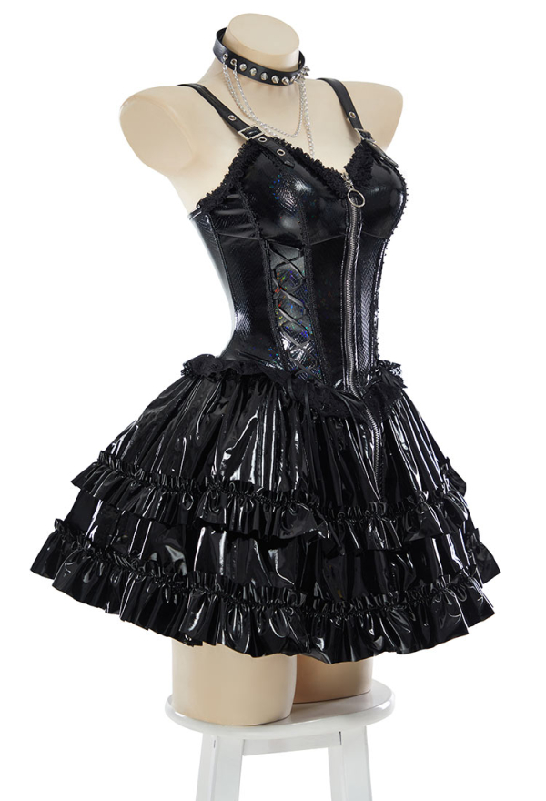 Miss Misa Gothic Black Camisole Dress Colorful Glitter Zipper Dress A-Line Dress with Choker and Sleeves