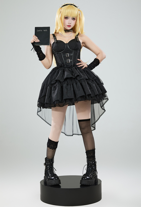 Miss Misa Gothic Black Lolita Dress Vintage Multi-Layered Straps Dress with Gloves Cosplay Costume