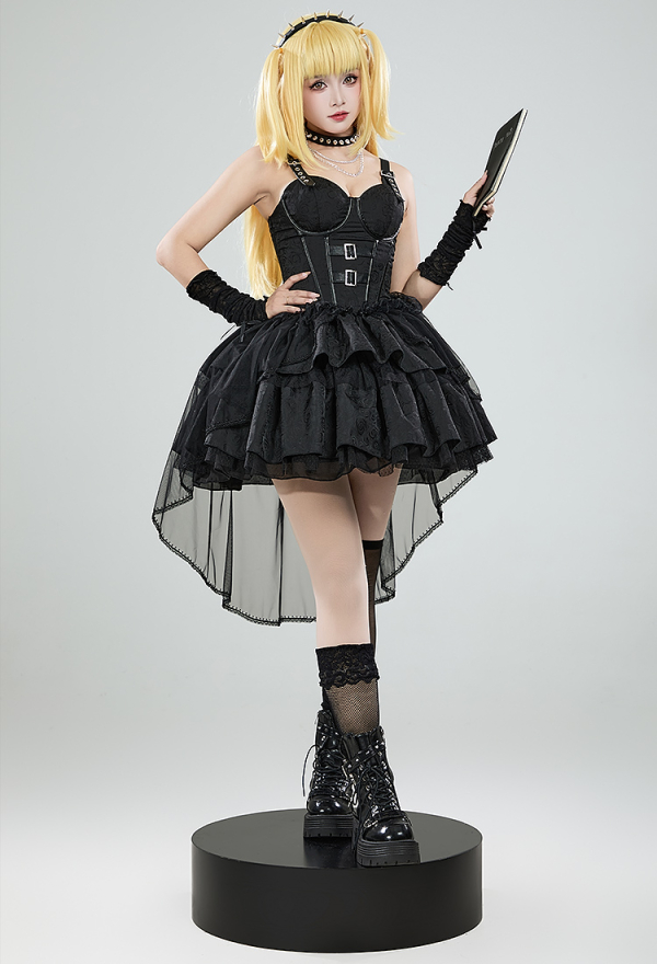 Miss Misa Gothic Black Lolita Dress Vintage Multi-Layered Straps Dress with Gloves Cosplay Costume