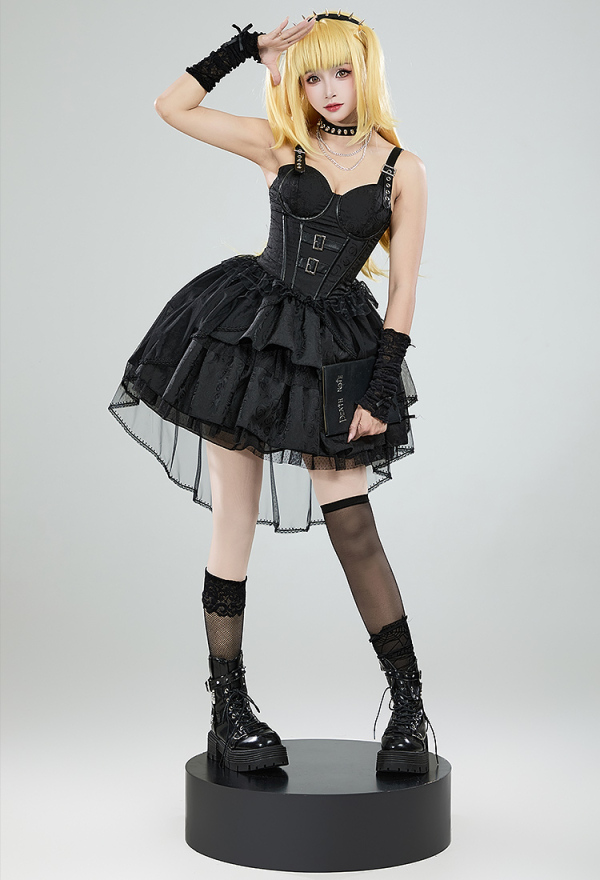 Miss Misa Gothic Black Lolita Dress Vintage Multi-Layered Straps Dress with Gloves Cosplay Costume