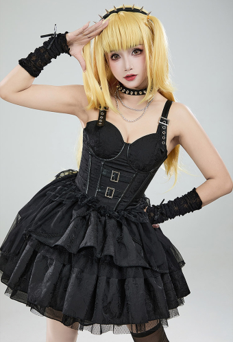 Miss Misa Gothic Black Lolita Dress Vintage Multi-Layered Straps Dress with Gloves Cosplay Costume