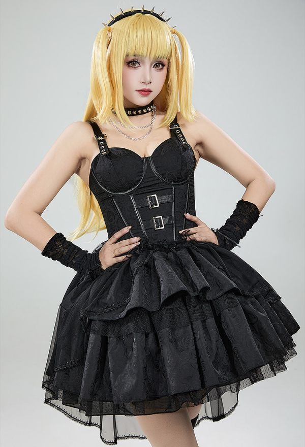 Miss Misa Gothic Black Lolita Dress Vintage Multi-Layered Straps Dress with Gloves Cosplay Costume