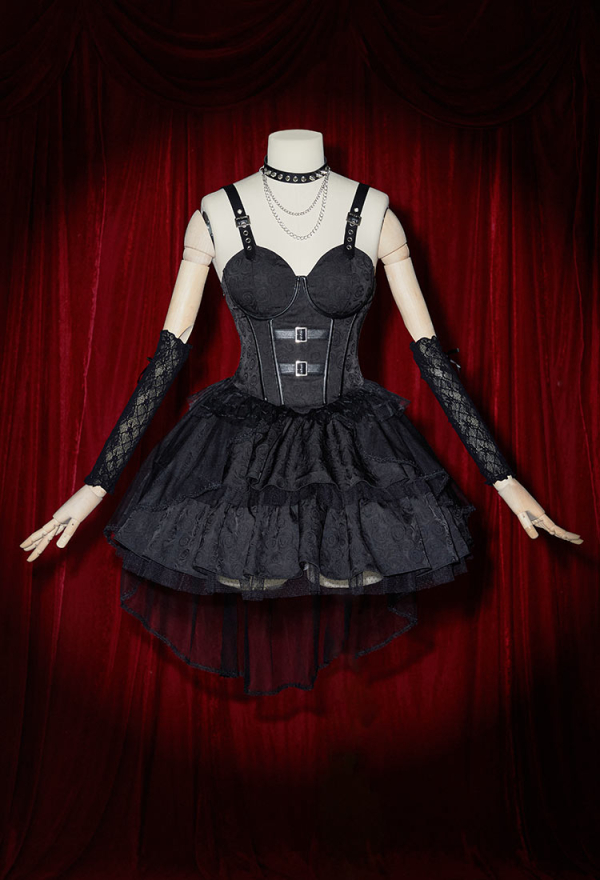 Miss Misa Gothic Black Lolita Dress Vintage Multi-Layered Straps Dress with Gloves Cosplay Costume
