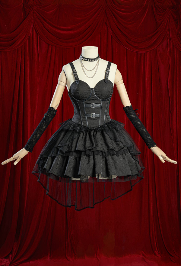 Miss Misa Gothic Black Lolita Dress Vintage Multi-Layered Straps Dress with Gloves Cosplay Costume