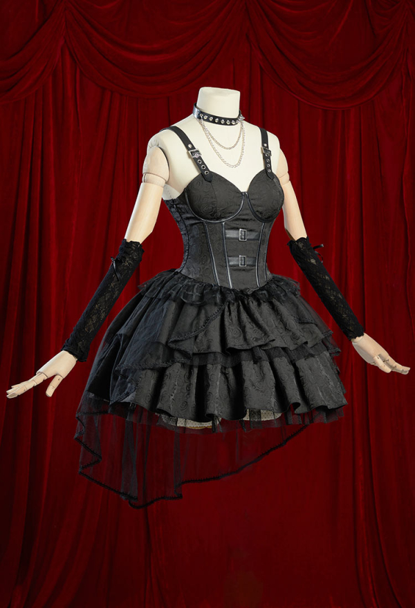 Miss Misa Gothic Black Lolita Dress Vintage Multi-Layered Straps Dress with Gloves Cosplay Costume