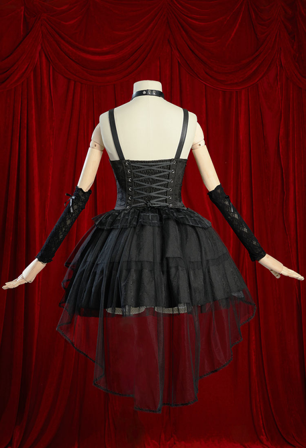 Miss Misa Gothic Black Lolita Dress Vintage Multi-Layered Straps Dress with Gloves Cosplay Costume