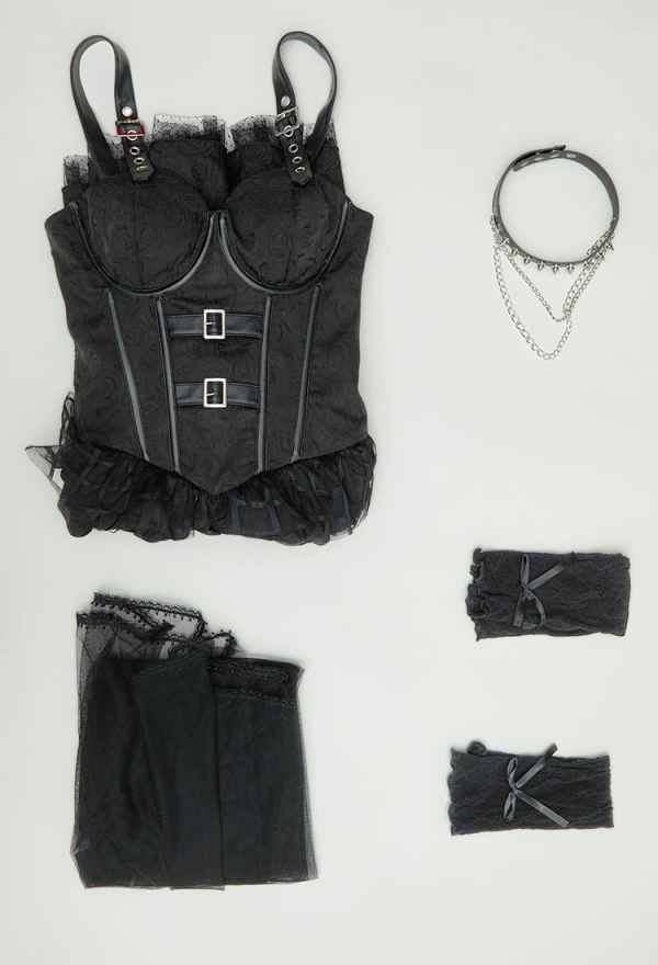 Miss Misa Gothic Black Lolita Dress Vintage Multi-Layered Straps Dress with Gloves Cosplay Costume
