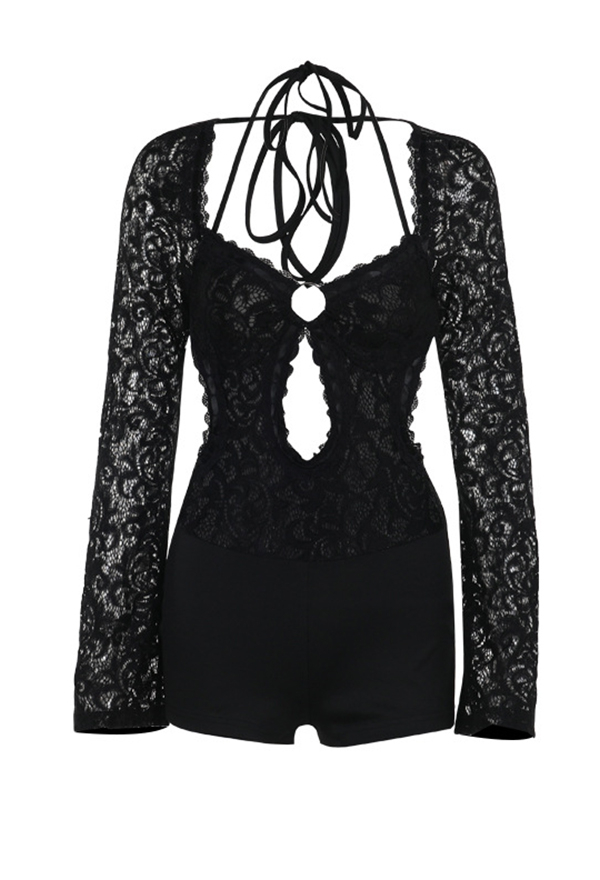 Gothic Black Low Cutout Backless Bodysuit Lace Slim One-Piece Bodysuit Shorts Gothic Black Low Cutout Backless Bodysuit Lace Slim One-Piece Bodysuit Shorts