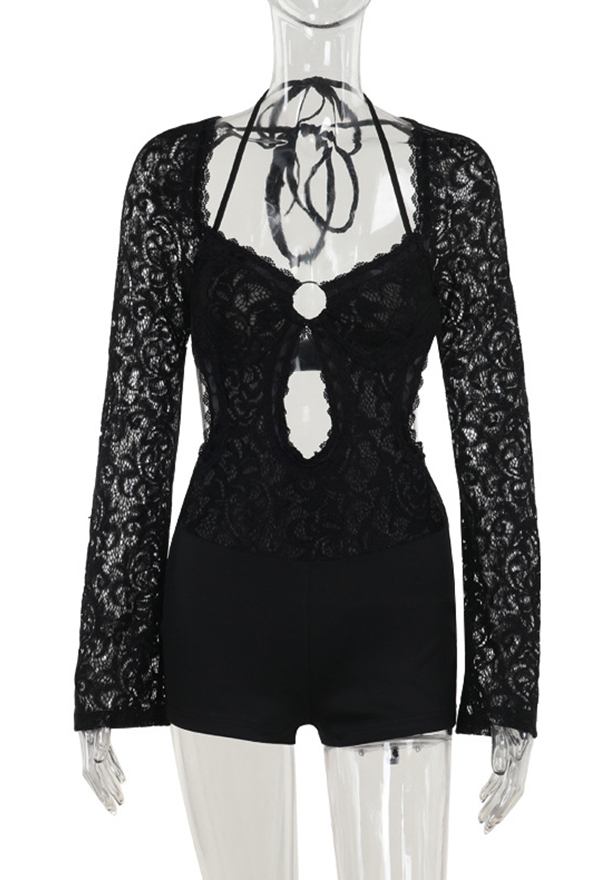 Gothic Black Low Cutout Backless Bodysuit Lace Slim One-Piece Bodysuit Shorts Gothic Black Low Cutout Backless Bodysuit Lace Slim One-Piece Bodysuit Shorts