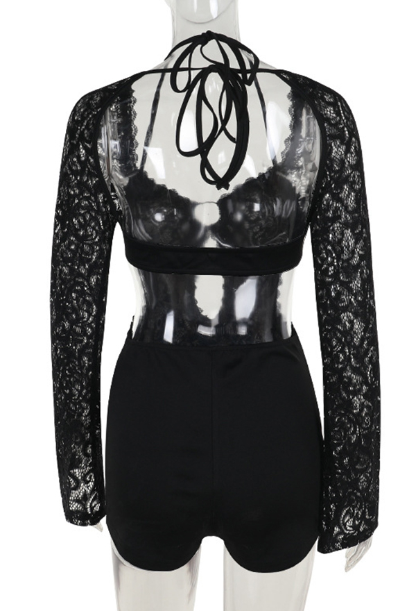 Gothic Black Low Cutout Backless Bodysuit Lace Slim One-Piece Bodysuit Shorts Gothic Black Low Cutout Backless Bodysuit Lace Slim One-Piece Bodysuit Shorts