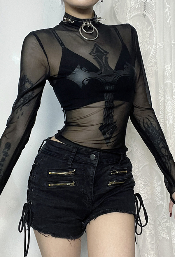 Gothic Black Sheer Long Sleeve Top Dark Style Cross Print Top Gothic Black Sheer Long Sleeve Top Dark Style Cross Print Top