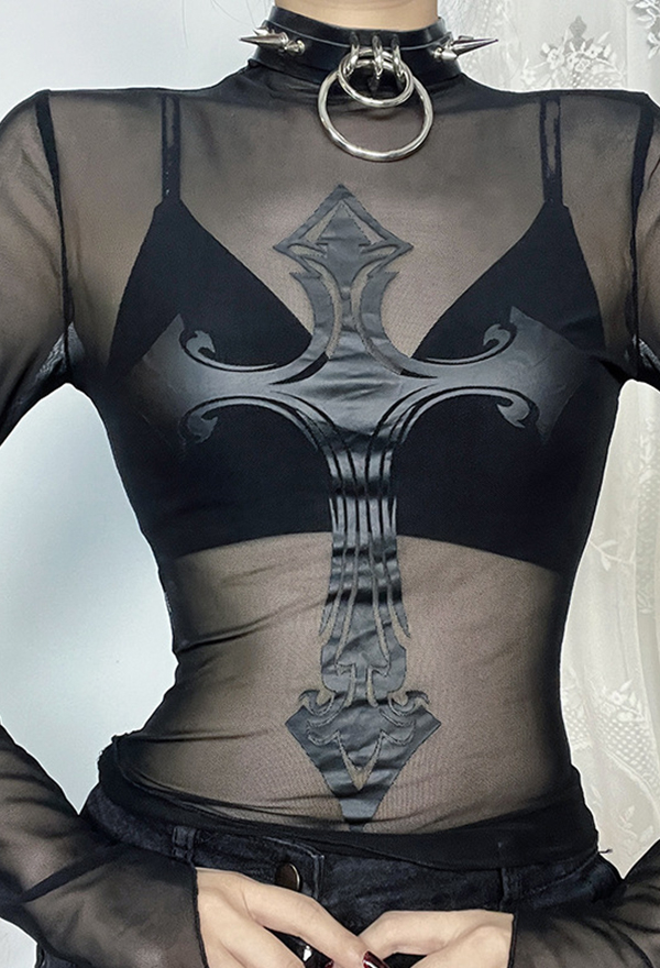 Gothic Black Sheer Long Sleeve Top Dark Style Cross Print Top Gothic Black Sheer Long Sleeve Top Dark Style Cross Print Top