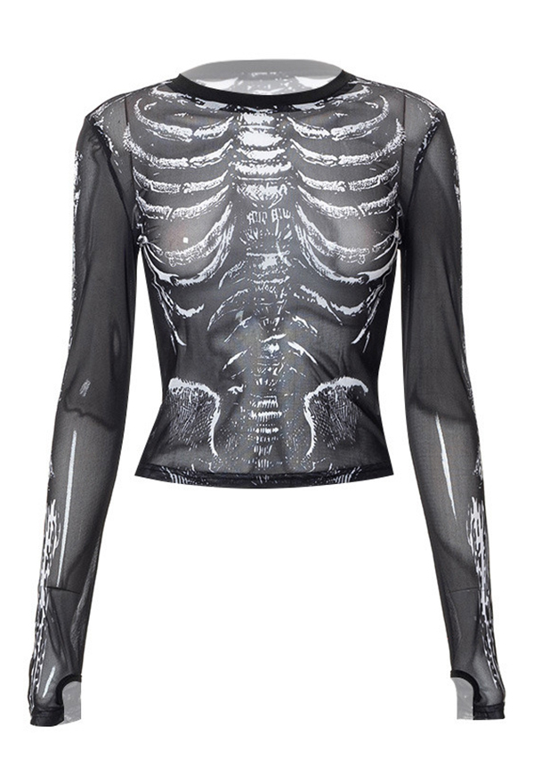 Gothic Black Round Neck Mesh Top Dark Skull Printed See-Through Top Gothic Black Round Neck Mesh Top Dark Skull Printed See-Through Top