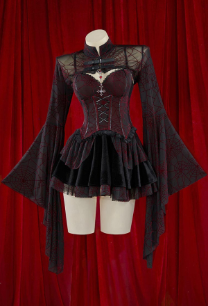 Blood Moon Silhouette Halloween Gothic Black Red Vampire Corset Skirt Set Spiderweb Pattern Cami Corset and Skirt with Cover-up