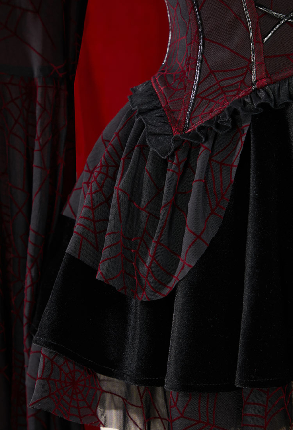 Blood Moon Silhouette Halloween Gothic Black Red Vampire Corset Skirt Set Spiderweb Pattern Cami Corset and Skirt with Cover-up