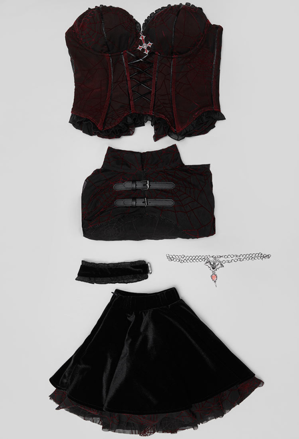 Blood Moon Silhouette Halloween Gothic Black Red Vampire Corset Skirt Set Spiderweb Pattern Cami Corset and Skirt with Cover-up