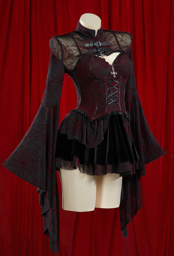 Blood Moon Silhouette Halloween Gothic Black Red Vampire Corset Skirt Set Spiderweb Pattern Cami Corset and Skirt with Cover-up