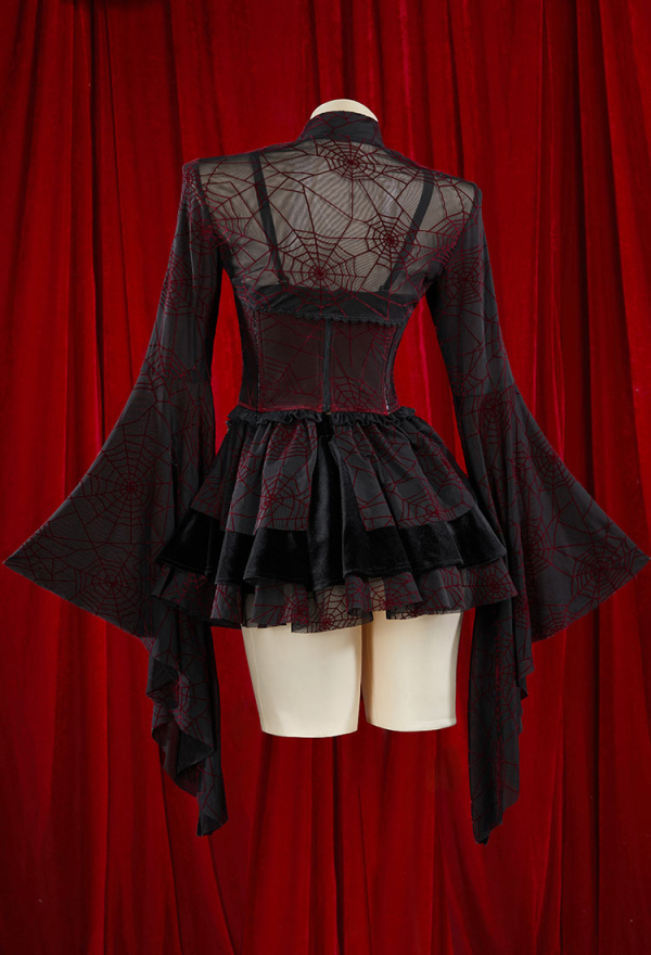Blood Moon Silhouette Halloween Gothic Black Red Vampire Corset Skirt Set Spiderweb Pattern Cami Corset and Skirt with Cover-up