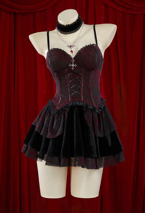 Blood Moon Silhouette Halloween Gothic Black Red Vampire Corset Skirt Set Spiderweb Pattern Cami Corset and Skirt with Cover-up