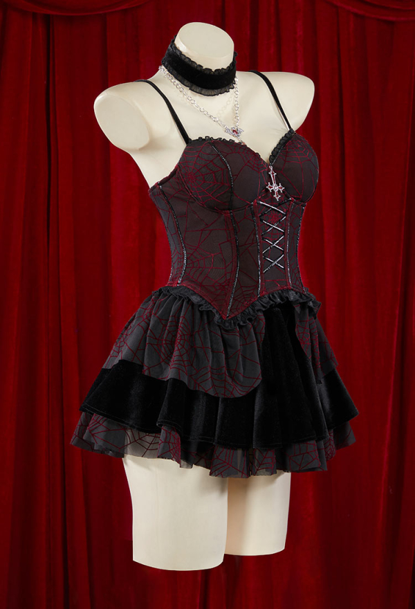 Blood Moon Silhouette Halloween Gothic Black Red Vampire Corset Skirt Set Spiderweb Pattern Cami Corset and Skirt with Cover-up