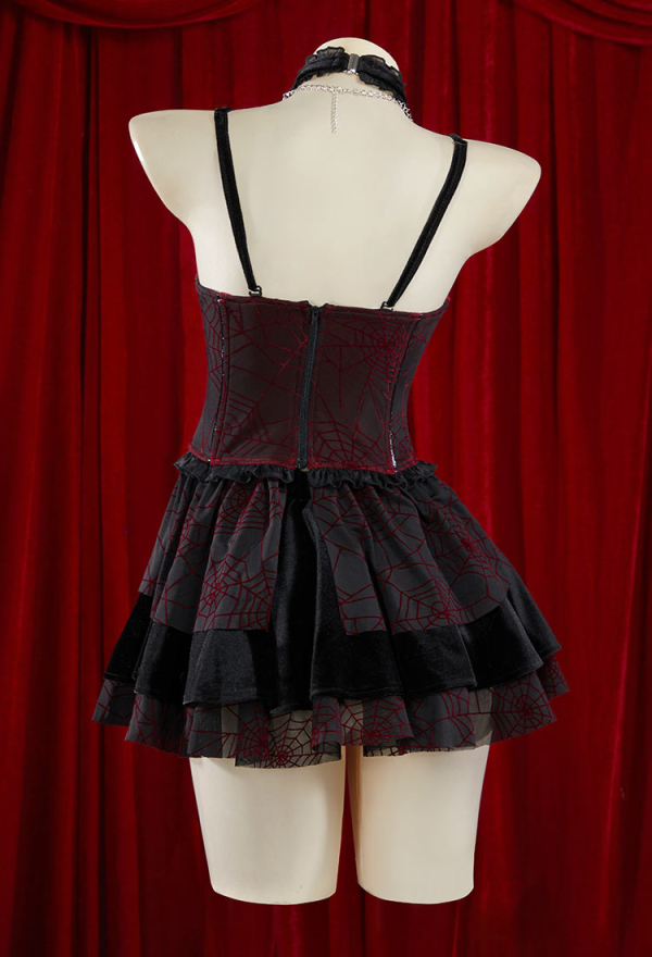 Blood Moon Silhouette Halloween Gothic Black Red Vampire Corset Skirt Set Spiderweb Pattern Cami Corset and Skirt with Cover-up