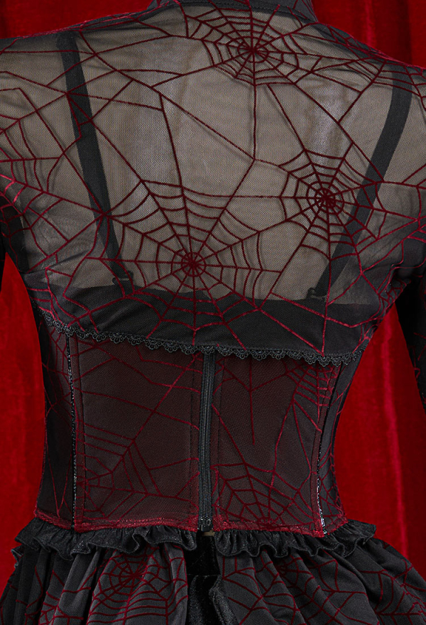 Blood Moon Silhouette Halloween Gothic Black Red Vampire Corset Skirt Set Spiderweb Pattern Cami Corset and Skirt with Cover-up