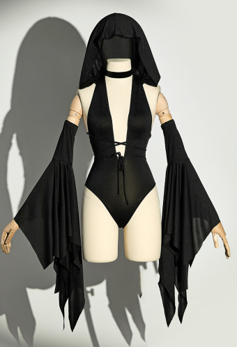 Gothic Sexy Costume Black Bodysuit with Hoodie Sleeves and Choker