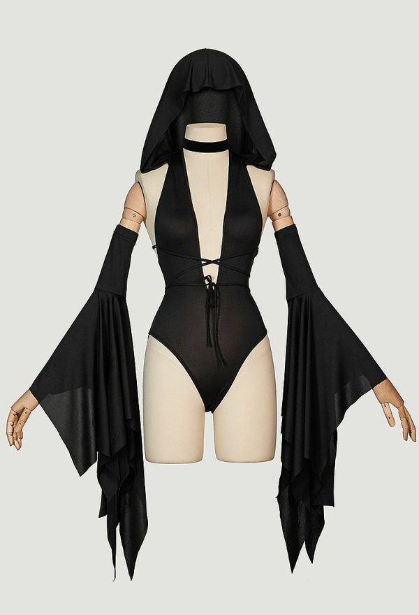 Gothic Sexy Costume Black Bodysuit with Hoodie Sleeves and Choker Gothic Sexy Costume Black Bodysuit with Hoodie Sleeves and Choker