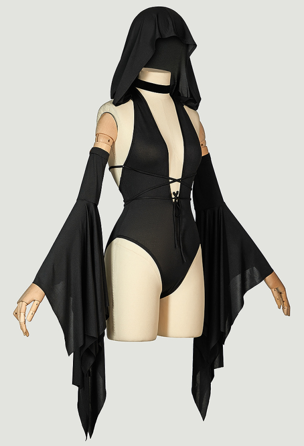 Gothic Sexy Costume Black Bodysuit with Hoodie Sleeves and Choker Gothic Sexy Costume Black Bodysuit with Hoodie Sleeves and Choker