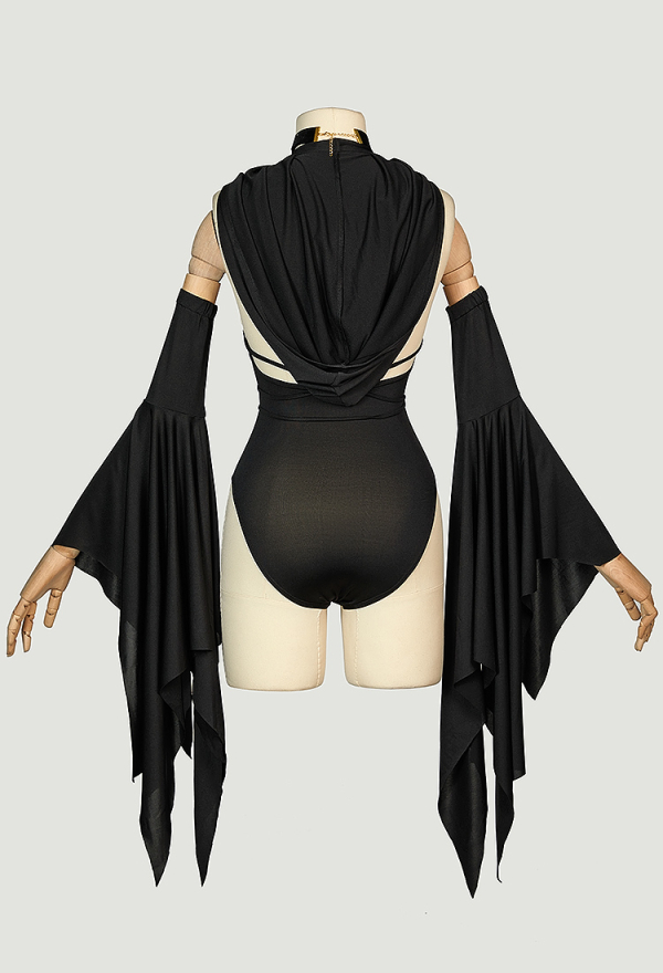 Gothic Sexy Costume Black Bodysuit with Hoodie Sleeves and Choker Gothic Sexy Costume Black Bodysuit with Hoodie Sleeves and Choker