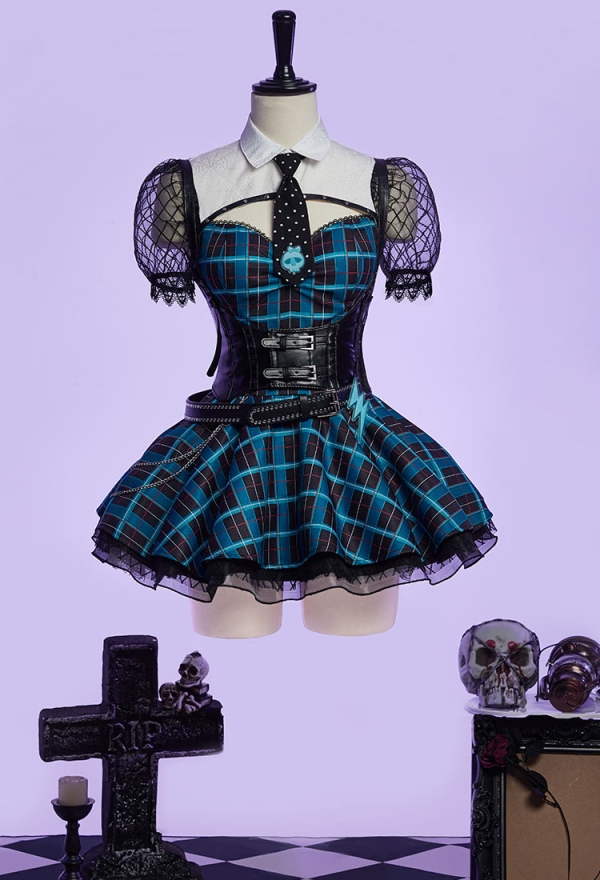 Haunted Night Gothic Blue Black Plaid Dress Dark Style Patchwork Dress with Waistband and Tie Haunted Night Gothic Blue Black Plaid Dress Dark Style Patchwork Dress with Waistband and Tie